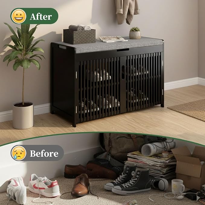 APRTAT Bamboo Shoe Storage Bench with Padded Cushion, 3-Tier Shoe Rack Organizer with 2 Ventilated Grille Doors for Entryway, Bedroom, Bathroom (Black, Large)
