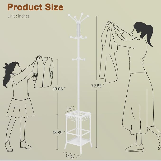 Hoctieon Coat Rack Freestanding, Coat Tree with Umbrella Holder, Metal Coat Rack Stand with 12 Hooks, Standing Coat Hanger Stand, Umbrella Stand for Entryway, Hat Rack Stand for Home Office, White
