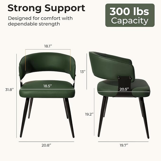 Dining Chairs Set of 2, Modern Upholstered Faux Leather Kitchen Chairs with Curved Back, Easy to Assemble & Clean for Dining Room, Restaurant, Cafe, Green
