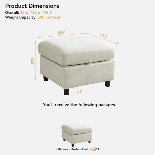 WUTUTUEE 25" Square Storage Ottoman for Modular Sectional Sofa, Convertible Couch Footrest with Hidden Compartment, Chenille Upholstered Coffee Table & Extra Living Room Seating, Beige