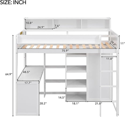Ball & Cast Twin Size Loft Bed with Big Storage Under-Bed Desk & Staircase,Wooden Bedframe W/Integrated Wardrobe,Drawers & Shelves,Space-Saving,Modern Furniture for Boy Girl Teens Small Bedroom,Gray