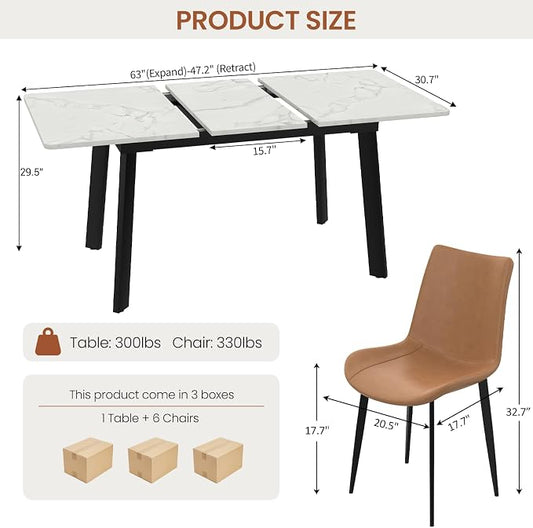47.2"-63" Extendable Dining Room Table Set for 4-8 People, White | Removable Extension Leaf, Durable MDF Rectangle Tabletop, 6 Brown Sleek Faux Leather Chairs, Heavy Duty Modern Kitchen Table
