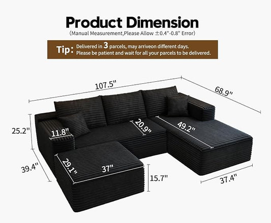 107.5" Cloud Modular Sectional Sofa with 1 Ottoman,Modern Minimalist Upholstered Couches, Comfort U Shaped Sofa for Living Room,Deep Seat Corner Couch,No Assembly Required (Black,Right Facing Chaise)