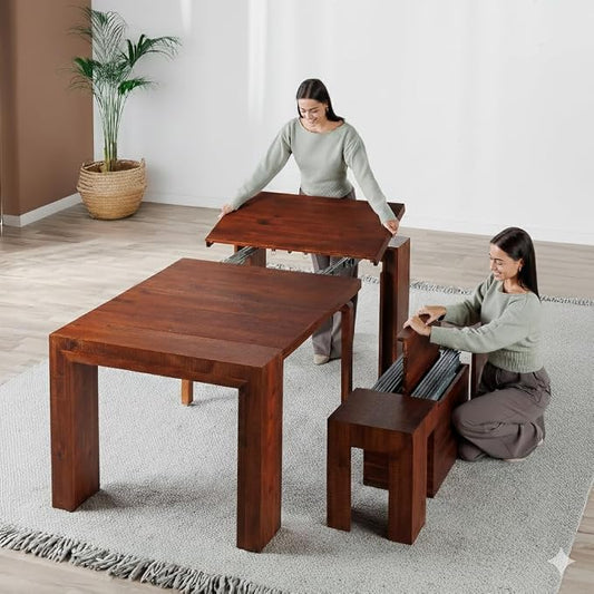 Transformer Table - Solid Wood Extendable Dining Table, Seats 2-12, Expandable Dining Room Table, Space-Saving Furniture, Kitchen and Dining Room Furniture (Red Oak, Table + Bench)