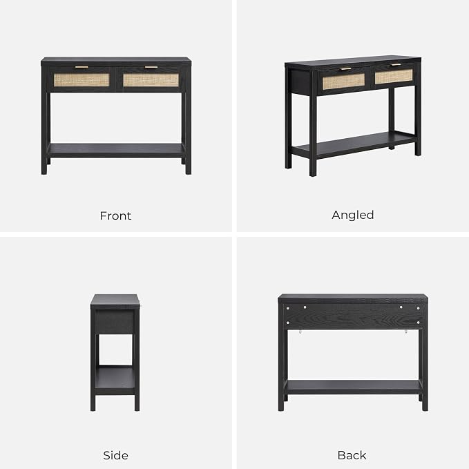SICOTAS Black Console Table with Rattan Drawers - Boho Rattan Entryway Table with Storage, Small Console Tables for Entryway, Entry Table for Hallway, Sofa Table