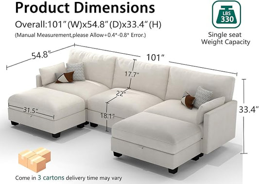 Modular Sectional Small U Shaped Sofa Couches for Living Room, Cloud Couch with Storage Ottoman, Comfy Chenille Sofa with Pillow, Beige