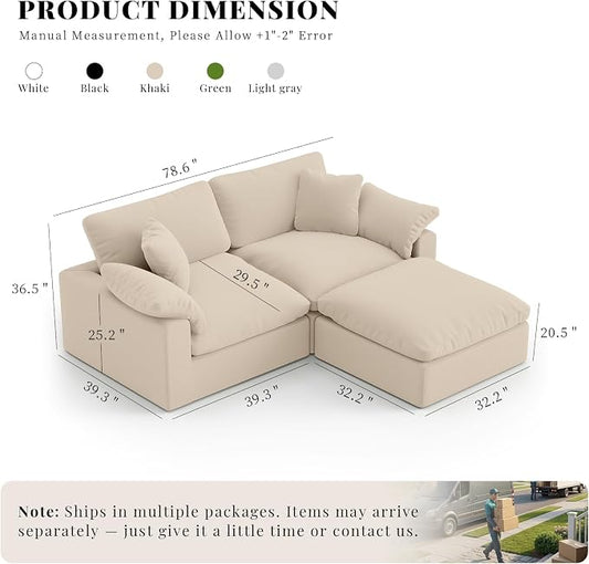 L-Shaped Modular Cloud Sectional Sofa,2-Seater with Chaise,Modern Down Filled Detachable Couch for Living Room,Office & Small Apartment,Khaki