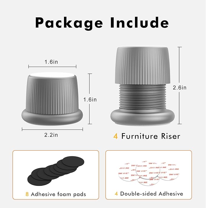 Adjustable Furniture Bed Risers, 1.6-2.6 inch Bed Risers Gray, Durable Plastic and Anti Slip Couch Risers 2 inch for Sofa Bed Table and Chair Lifts(Gray - 4 pcs)