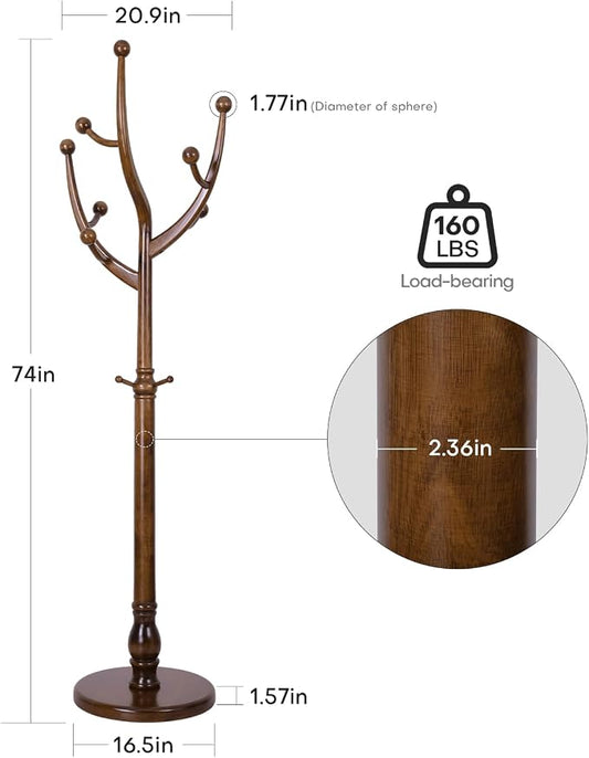 Bekrvio Wood Freestanding Coat Rack Coat Tree with Round Base, Walnut | Unique Coat Hanger Stand, Heavy Duty Standing Coat Rack, For Jacket, Hat, Bags For Entryway, Hallway, Bedroom, Apartment
