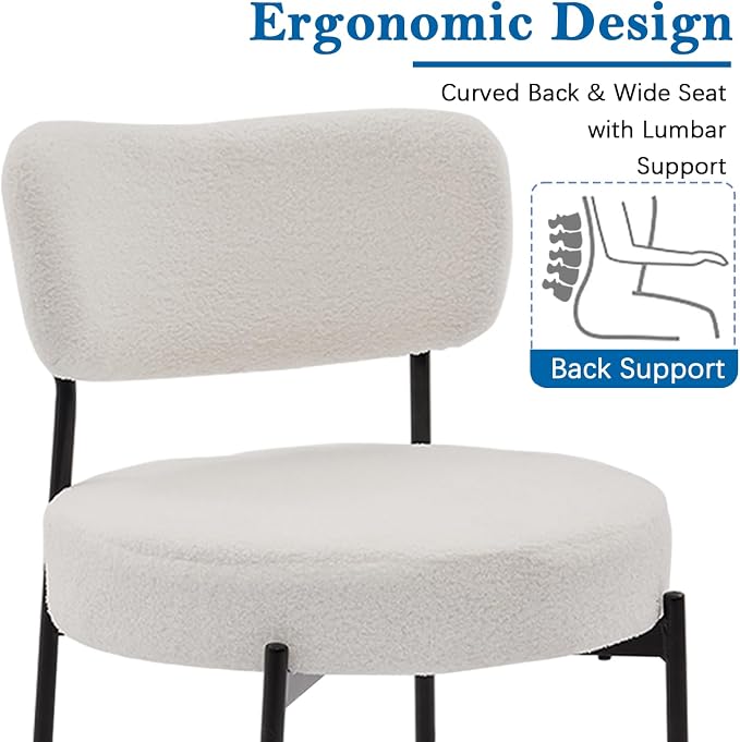 Boucle Dining Chairs Set of 2, White Mid Century Modern Kitchen Dining Room Chairs with Curved Backrest and Metal Frame, Round Upholstered Dining Chairs for Kitchen, Living Room