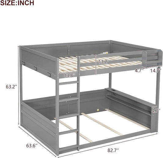 RUNNA Queen Bunk Bed with Shelves,Storage Box,LED,USB Charging,Grey | Queen bunk bed with shelves,storage box,LED light,USB charging,solid wood frame, guardrails, no box spring needed,Grey