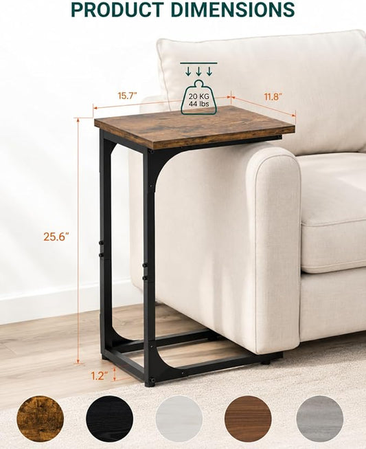 C-Shaped Side Table for Couch - Small Coffee Stand Sofa Tray Desk with Metal Frame and Waterproof Scratch Resistant, Modern End Accent for Living Room, Bedroom, Small Spaces, Rustic Brown