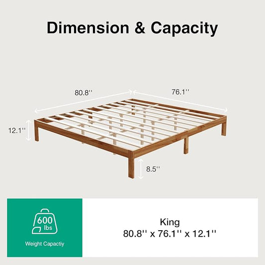 Novilla 12 Inch Wooden King Size Bed Frame, King Platform Bed Frame Without Headboard, Sturdy Wood Slat Support, No Box Spring Needed, Easy Assembly, Natural