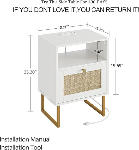 Masupu Extra Large Rattan Nightstand with Charging Station,Boho Night Stand Modern Farmhouse Wood Bedside Table with Storage Drawer and Open Shelf,Side End Table for Bedroom,Living Room,Office White