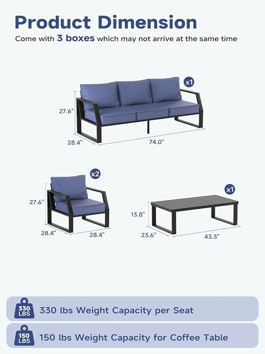 Oversized Modern Outdoor Patio Furniture Set with 5" Thick Cushions, Deep Seats & Wide Armrests, Comfortable Aluminum All-Weather Rustproof UV-Resistant Frame, 5-Seater for Garden, Backyard, Poolside
