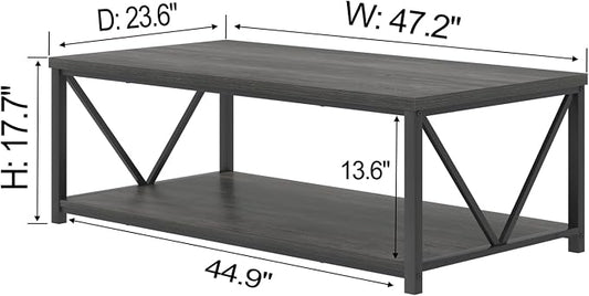 FOLUBAN Industrial Coffee Table with Storage Shelf, Modern Rustic Wooden and Metal Rectangle Center Table for Living Room, Dark Gray, 47 Inch