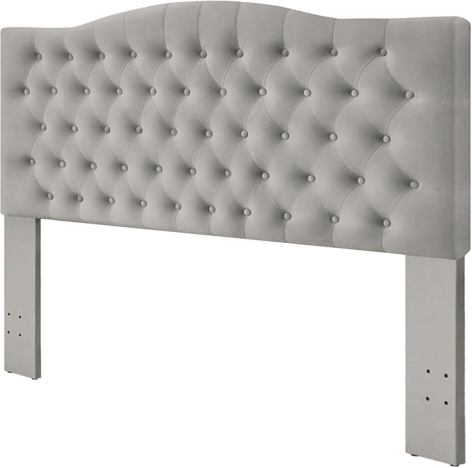 Furpopup Velvet Queen Headboard Only, Upholstered Wall Mount, Silver Gray | 2 ways to use:Wall-mounted (for adjustable bed) and bed frame mounted, Easy to assemble, Classic button design headboard