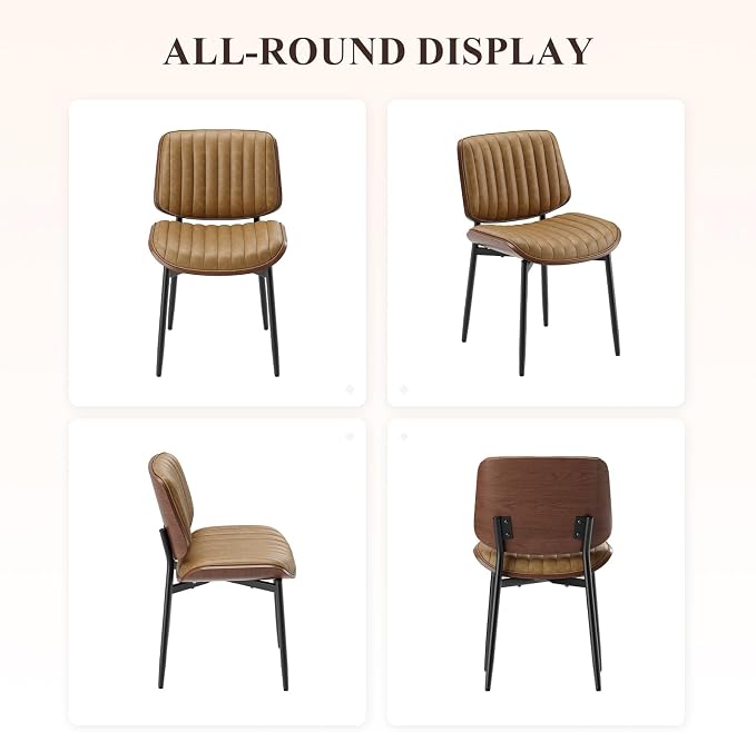 MALOL Leather Dining Chairs Set of 2, Modern Upholstered Dining Room Kitchen Chairs with Metal Legs and Wooden Back Support for Home Dining Room/Restaurant, Light Brown