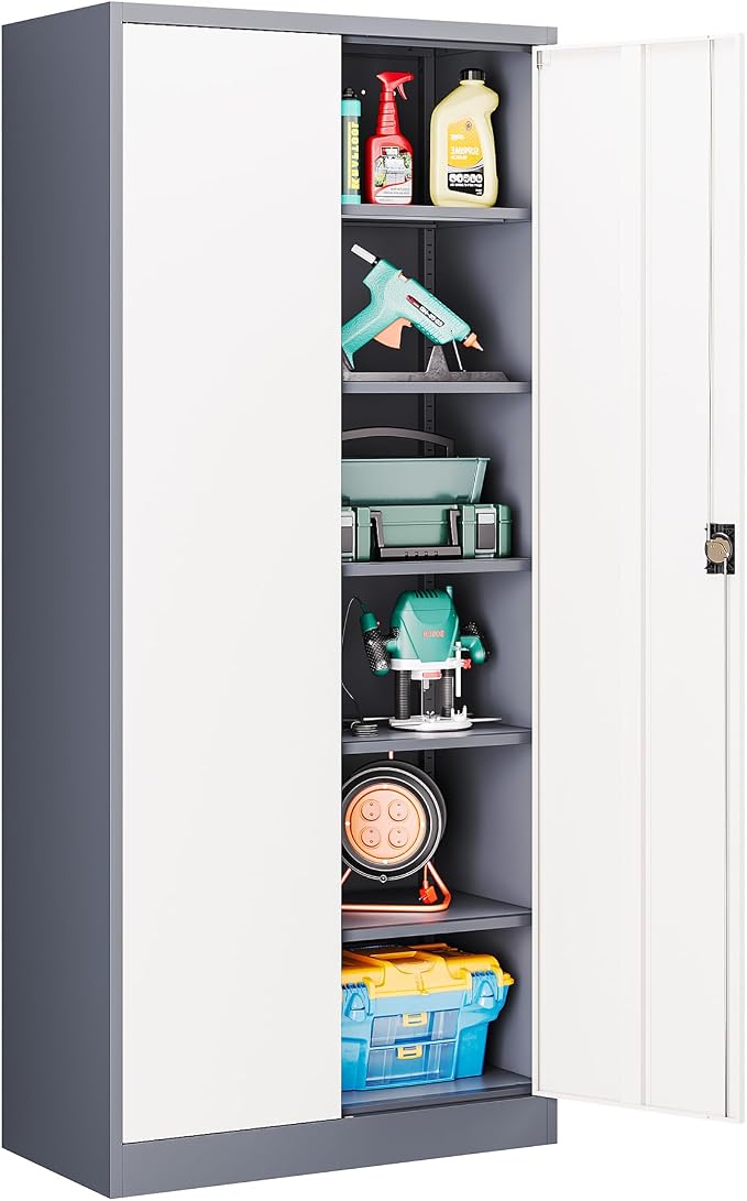 Metal Cabinet,Locking Storage Cabinet with 2 Doors and 5 Adjustbale Shelves,72" Tall Tool Steel Cabinets for Garage,Home Office,School,Gym(Grey & White)