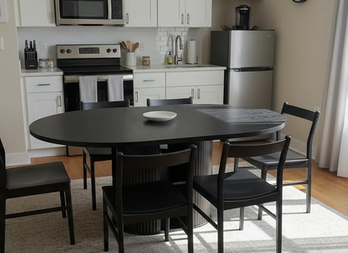 43.3''–59'' Extendable Round Dining Table for 4–8, Modern Wood Oval Kitchen Table with Storage Shelf, Space-Saving Expandable Circle Dinner Table for Dining Room or Living Room (Black)