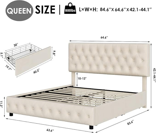 Keyluv Modern Upholstered Bed Frame with 4 Storage Drawers, Button Tufted Headboard Design, Solid Wooden Slat Support, Easy Assembly, Soft Velvet, Beige, Queen Size
