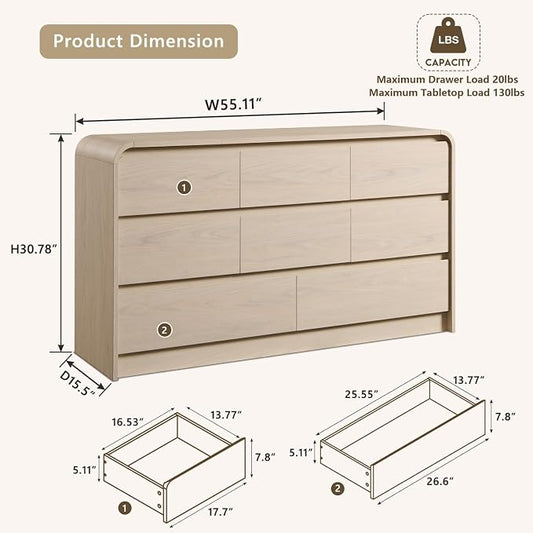 Aitjunz Modern 8 Drawers Dresser for Bedroom, 55" Wide Wood Dressers, Cream | Wooden Dressers & Chest of Drawers with Curved Profile Design, Mid Century Storage Dressers Organizer with Handleless Design