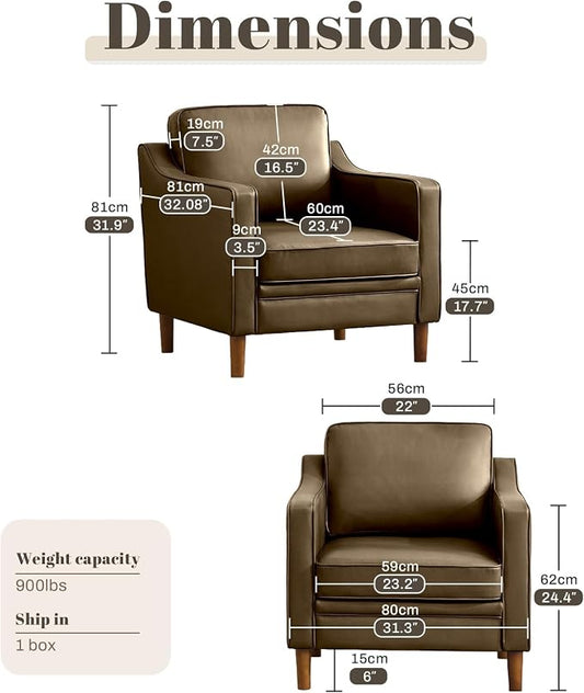 Kingfun Accent Chair Set of 2, Living Room Chairs, Faux Leather Reading Armchair, Mid Century with Solid Wood Foot, Upholstered Modern Decor for Bedroom, Apartment