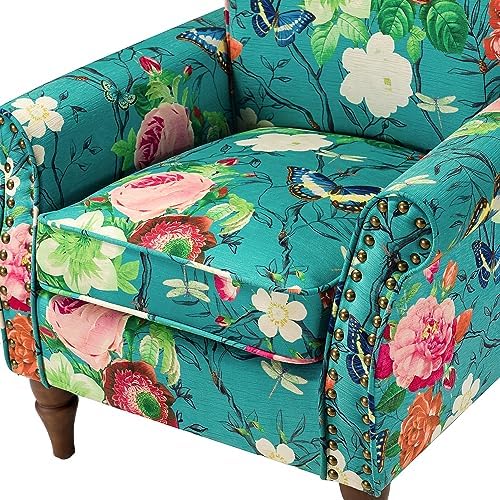 HULALA HOME Traditional Floral Accent Chair with Solid Wood Legs, Blue