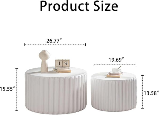 White Round Nesting Coffee Table Set of 2, Drum Side Table, Scalloped End Table witth Elegant Curved-Edge Shape, Circle Wooden Center Table for Living Room, Fully Assembled