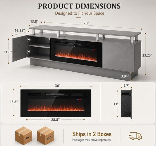 70" TV Stand for Living Room, Entertainment Center with Storage Cabinet, Fits TVs up to 80", Modern Media Console with Shelves, 36" Electric Fireplace (Grey+Black)