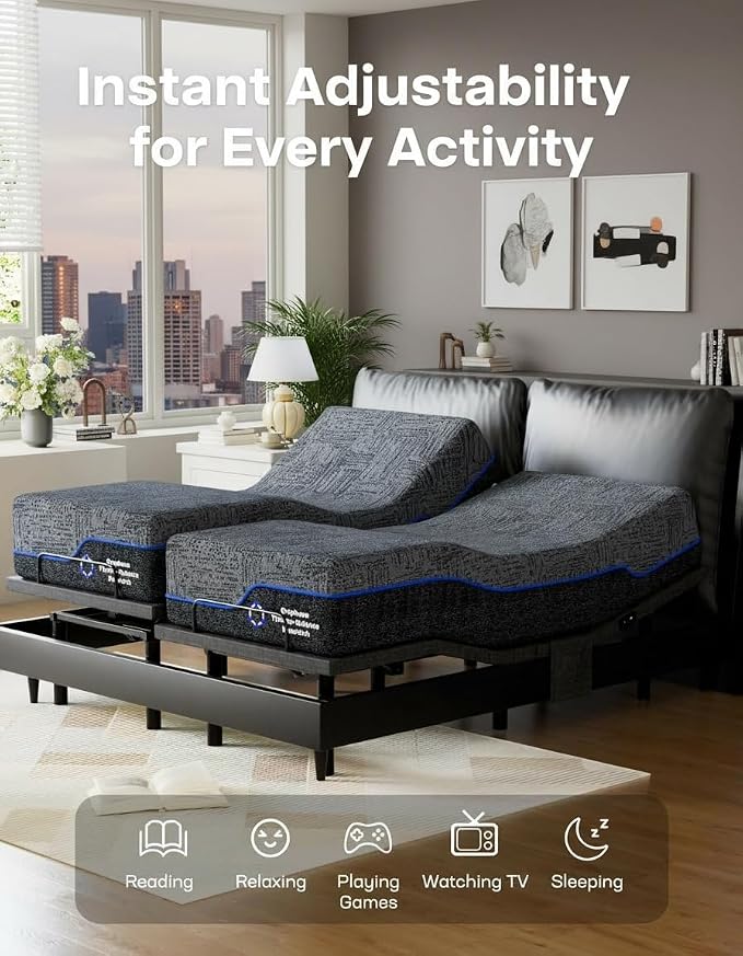 Marsail Twin XL Adjustable Bed Frame with Head & Foot Incline, 4 USB Ports, Under-Bed Night Light, 4 Height Options, Remote Control & Zero Gravity Electric Adjustable Bed Base
