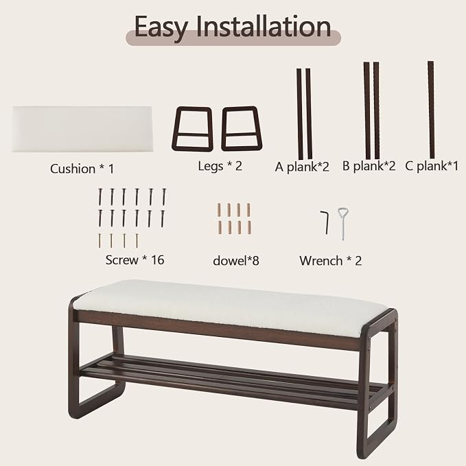 Achicsofar Shoe Rack Bench,2 Tier Solid Wooden Entryway Bench with Shoe Storage, Shoe Rack with Cushion for Living Room, Hallway(Cream White, 39.4")