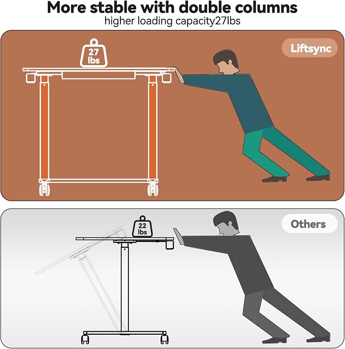 Mobile Standing Desk, 35inch Small Rolling Table with Drawer, Height Adjustable Sit Stand Workstation, Walnut Portable Laptop Cart with Hidden Wheels or Lockable Casters