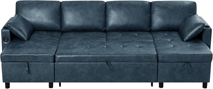 110 inches Suede Leather Sleeper Sofa w/Pull Out Bed, U-Shape Sectional Sofa Bed w/Adjustable Backrest and Storage Chaises, 4-Seats Upholstered Sofa Bed w/USB Port for Living Room, Blue