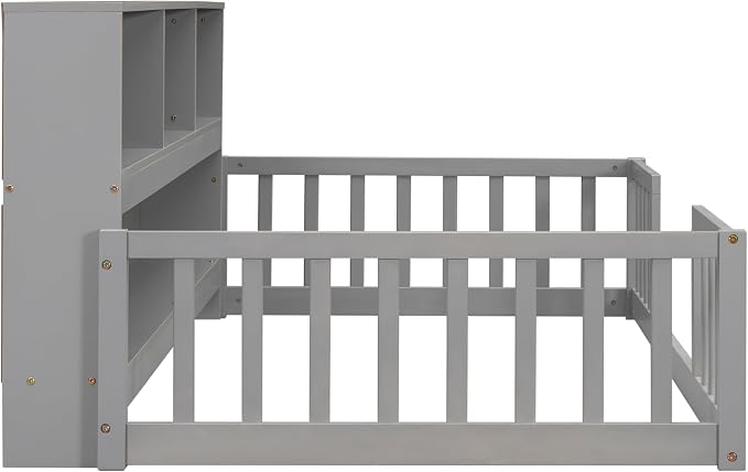 Bellemave Kids Montessori Floor Bed Twin Size,Floor Bed Frame with Bookcase and Shelves for Kids Boys Girls,Twin,Gray