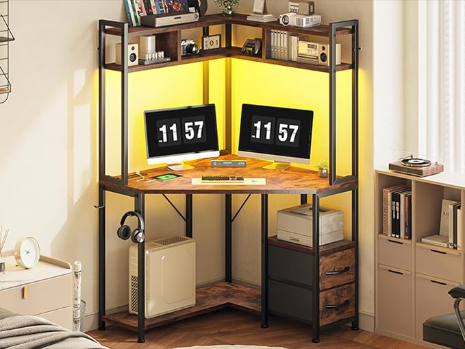 DurayLoly 63" Triangular Corner Desk with Hutch,Ample Storage for Small Room,Spacious 36" W Desktop,2 Fabric Drawers and Bottom Wooden Shelves,Versatile Computer Desk that Meets All Your Needs,Brown
