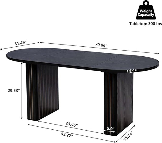 70.8 Inch Kitchen Dining Table for 4-6 People, Oval Kitchen Table with Wood Strip Base, Modern Farmhouse Large Round Dining Room Tables for Home Living Room (Black)