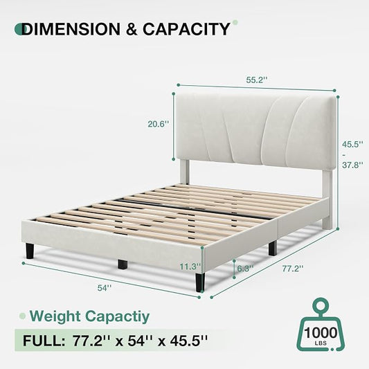Novilla Full Size Bed Frame with Headboard, Full Bed Frame with Wooden Slats Support, Velvet Upholstered Headboard, No Box Spring Needed, Heavy Duty Feet, Easy Assembly, White Velvet