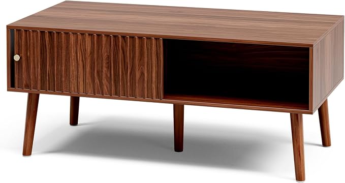 LCRBOL Coffee Table with Fluted Sliding Door, Mid-Century, Walnut | 39.3"L x 19.7"W x 17.1"H, double-sided sliding door & open shelf (7.5" clearance), golden knob, 5 tapered legs