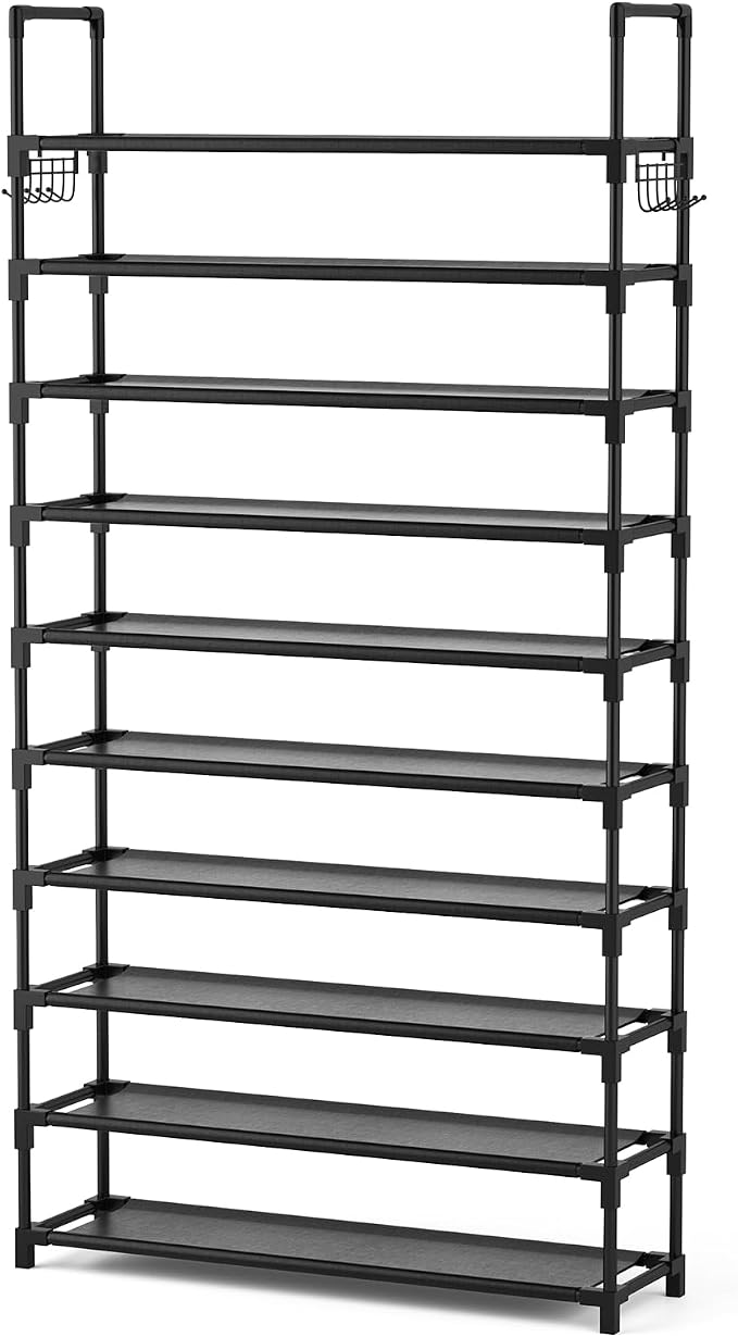 VTRIN 10 Tier Shoe Rack Tall Large Capacity Wide Shoe Organizer with Two Hooks Sturdy Metal Shoe Shelf for Entryway, Closet, Bedroom