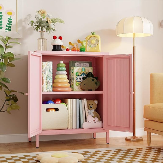 Metal Accent Storage Cabinet for Home,LivingRoom, Office,Kitchen- Metal Locker Cabinet with 1 Adjustable Shelves-Bathroom Floor Storage Cabinet Freestanding Organizer(Stripe Door, Pink)