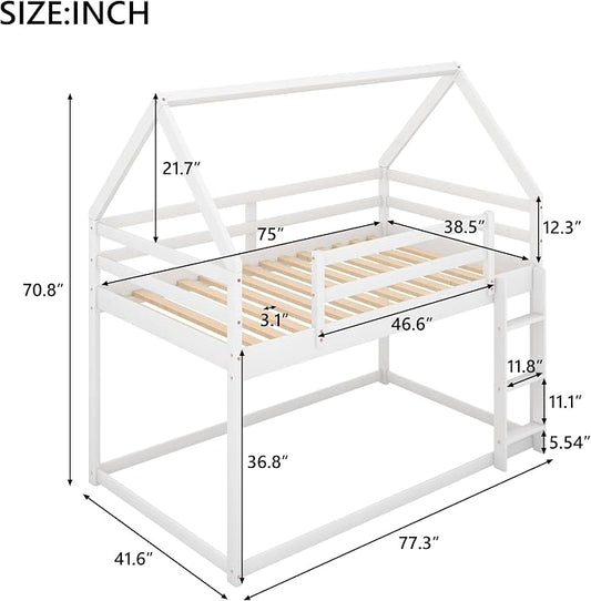 Merax Modern Floor Bunk Bed with Ladder Twin Over Twin, Wood House Shaped Bunk Bed Frame for Kids Boys Girls, No Box Spring Needed White