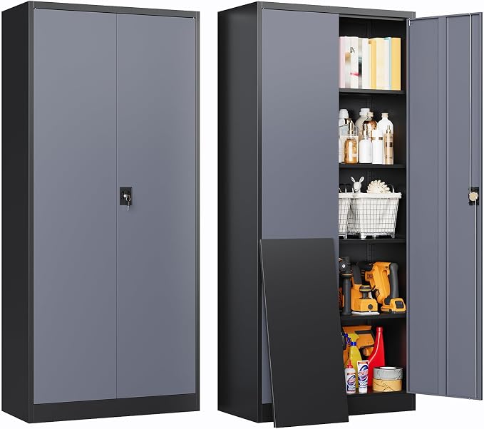 72 Inch Metal Cabinet,Locking Storage Cabinet with 2 Doors and 4 Adjustbale Shelves,Steel Tool Cabinet for Garage,Basement,Home Office,Gym(Grey& Black)