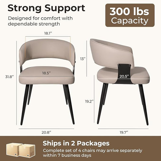 Dining Chairs Set of 4, Modern Upholstered Faux Leather Kitchen Chairs with Curved Back, Easy to Assemble & Clean for Dining Room, Restaurant, Cafe, Warm Gray