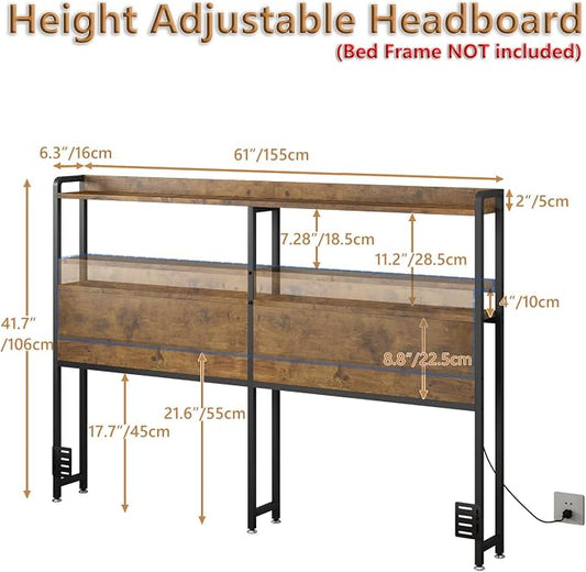 METYERRY Headboard for Queen Size Bed Frame with Storage, Height Adjustable, Headboards with Outlets, USB Ports, Type-C, LED Light, Sturdy and Stable Headboard, Black Oak,Bed Frame NOT Included