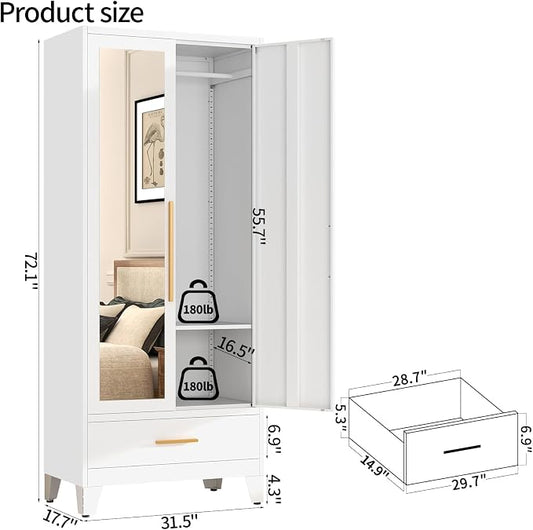 72" Tall Metal Wardrobe Closet - Large Clothing Storage Cabinet with 1 Hanging Rod, 1 Adjustable Shelve, 1 Drawer & Mirror Doors - Closet Organizer for Bedroom, Office, Laundry Room, Garage - White