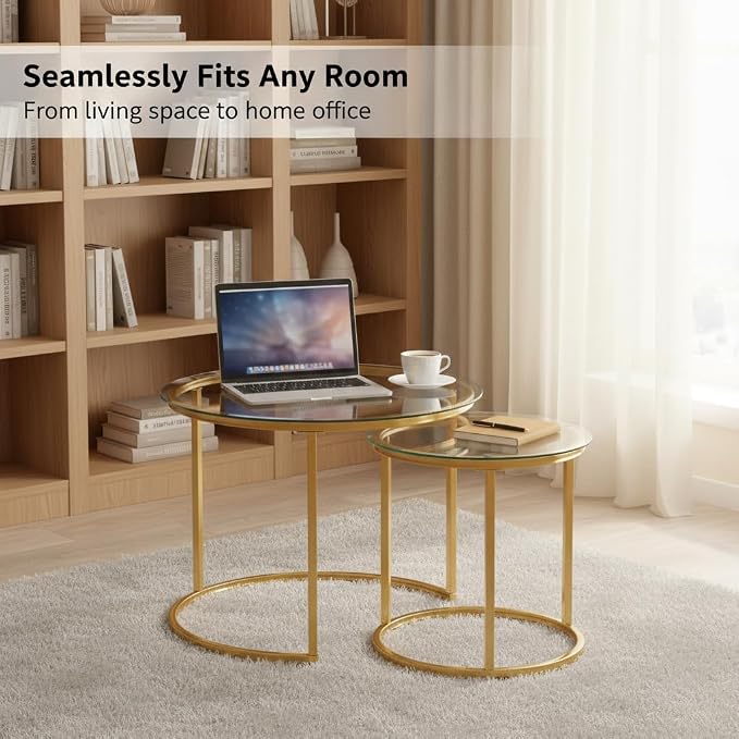 Round Nesting Coffee Table Set of 2, Modern Glass Nesting Tables, Stacking Minimalist End Table for Living Room Bedroom Small Space, Clear Tempered Glass and Gold