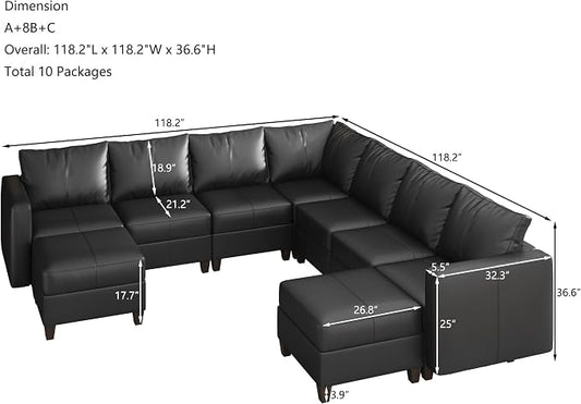 EASE MOOSE Leather Sectional Couch Sofa with Storage,Faux Leather Modualr Sectional Sofa Brown U Shaped Modular Couch,Black