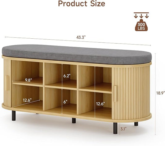 ONBRILL 43" Shoe Bench with Storage, Fluted Shoe Storage Bench with Cushion, Sliding Door and Adjustable Shelf, for Entryway, Hallway, Living Room, Oak