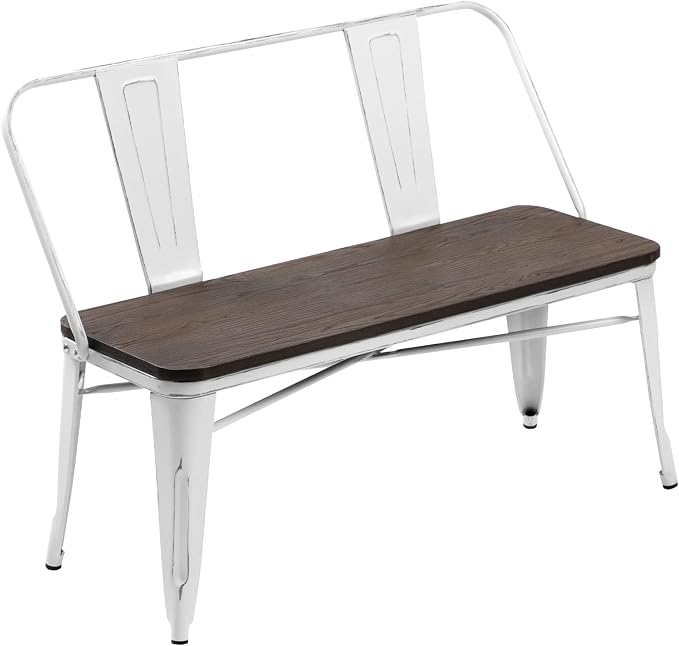 YOLENY Dining Bench, Entryway Bench with Back, Farmhouse Metal Dining Bench, Industrial Mid-Century 3 Person Rustic Spindle Bench, with Wood Seat, Removable Backrest, 42in, White